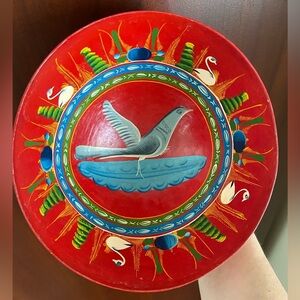 Mexican Red Bowl Multi Color Hand Painted Flowers Swan Bird Folk Art Decor Wood